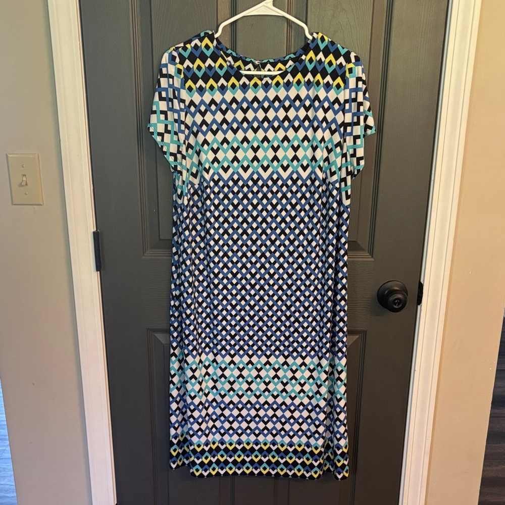 London Times Blue and Green Diamond Midi Dress